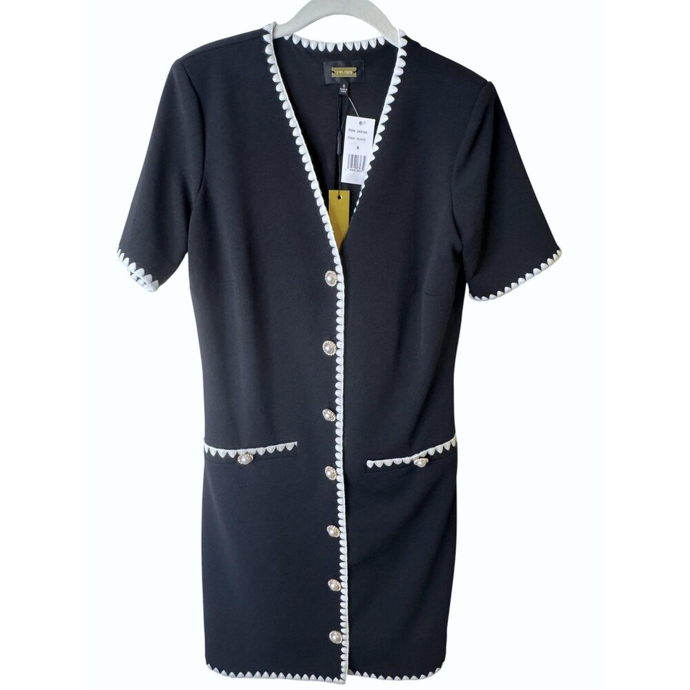 Alexia Admor Dress Womens 6 Black Jacket Sheath Pearl Rhinestone Button Trim - Picture 2 of 11